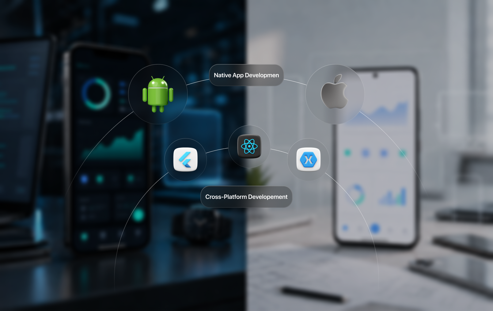 Native App Development vs Cross-Platform App Development illustration showing performance, cost, scalability, security, and business decision factors in 2026.